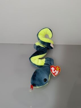 TY Beanie Baby Hissy The Snake Plush Toy - Neon Green & Teal